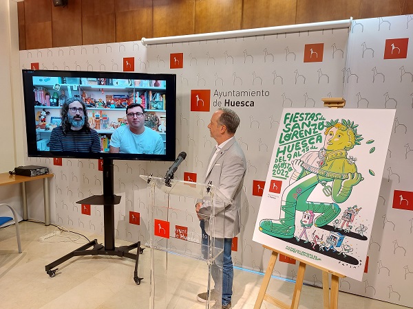 Un colorido y animado busto de San Lorenzo en movimiento, con el sello de Brosmind, anuncia las fiestas