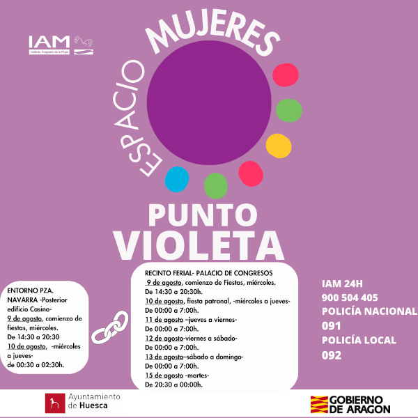 El Ayuntamiento de Huesca establece un Punto Violeta de refuerzo el 9 y el 10 de agosto